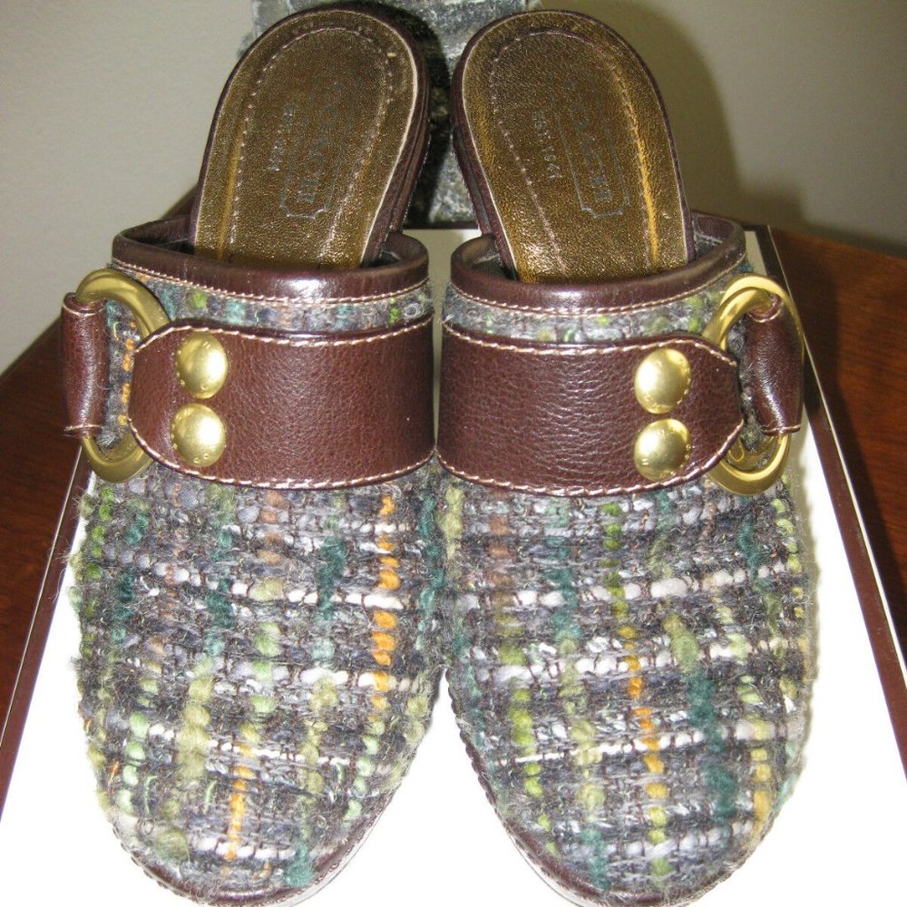 COACH PRE-OWNED CLAUDE BOUCLE TWEED LEATHER MULE SLIDE HIGH HEEL GREEN 7